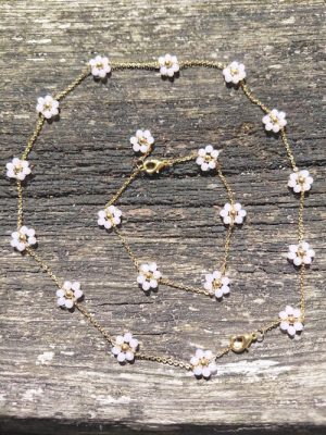 Pink and gold daisy chain necklace and bracelet set