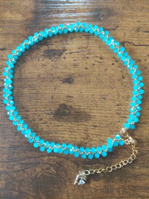 Hand-Woven Aquamarine Crystal Glass & Dolphin Charm Choker