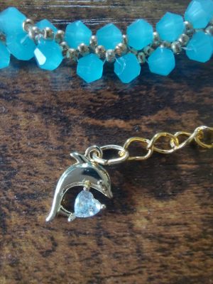 Hand-Woven Aquamarine Crystal Glass & Dolphin Charm Choker