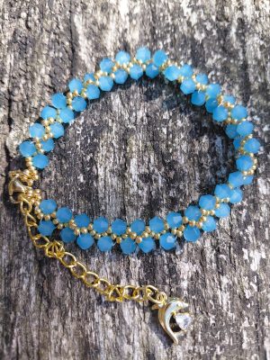 Aquamarine crystal glass bracelet with dolphin charm